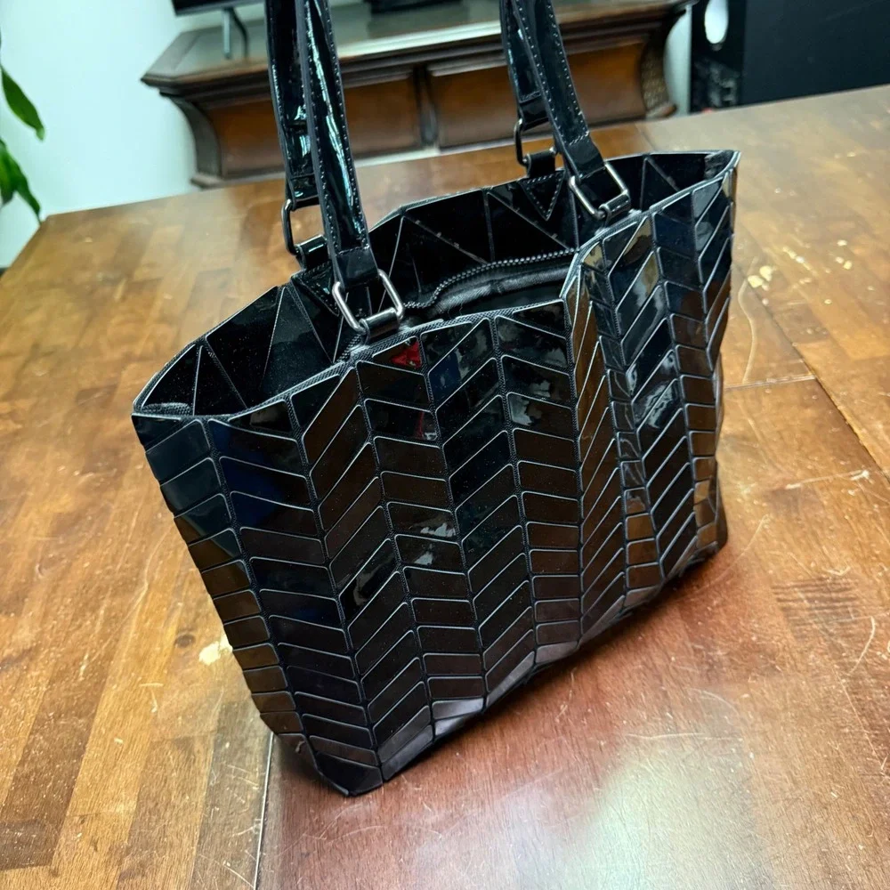 Geometric Tote Bag Women Large Black Glossy Chevron Mosaic Shoulder Bag